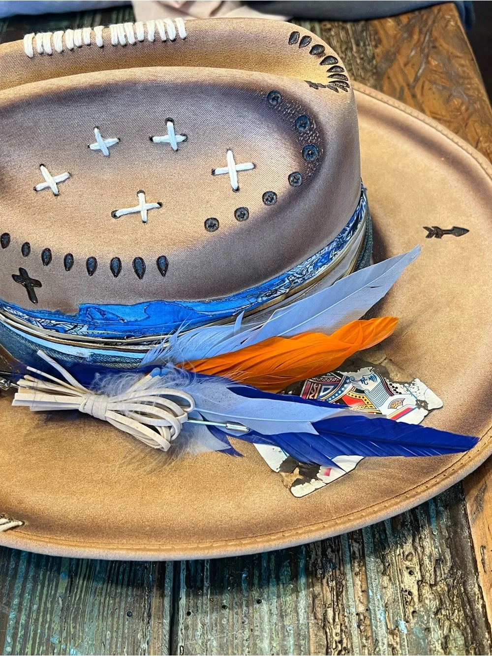 Western Brown Leather-Style Cowboy Hat with Feather Accent